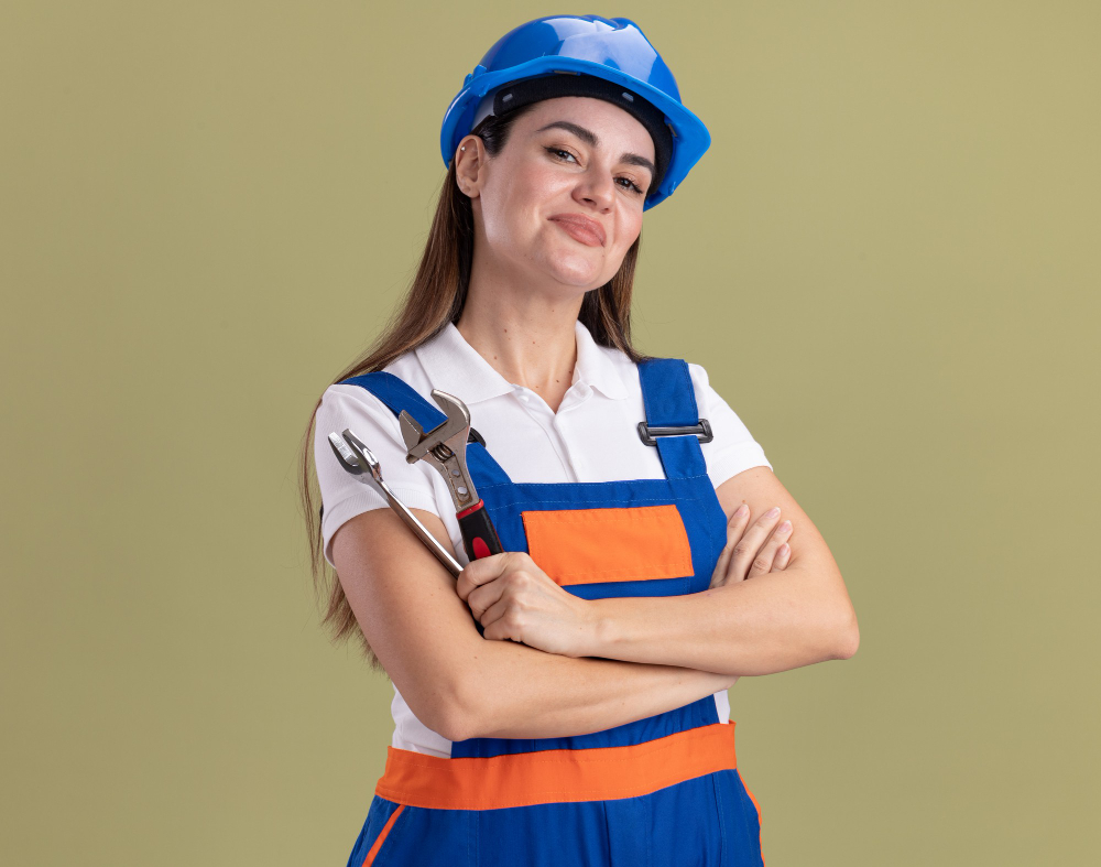pleased-young-builder-woman-uniform-holding-open-end-wrench-crossing-hands-isolated-olive-green-wall